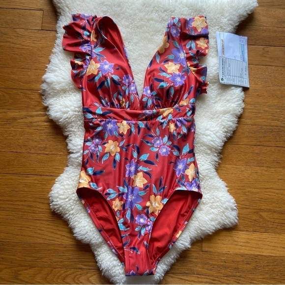 Modcloth Kelsie One Piece Swimsuit Red Floral NWT - Picture 2 of 10